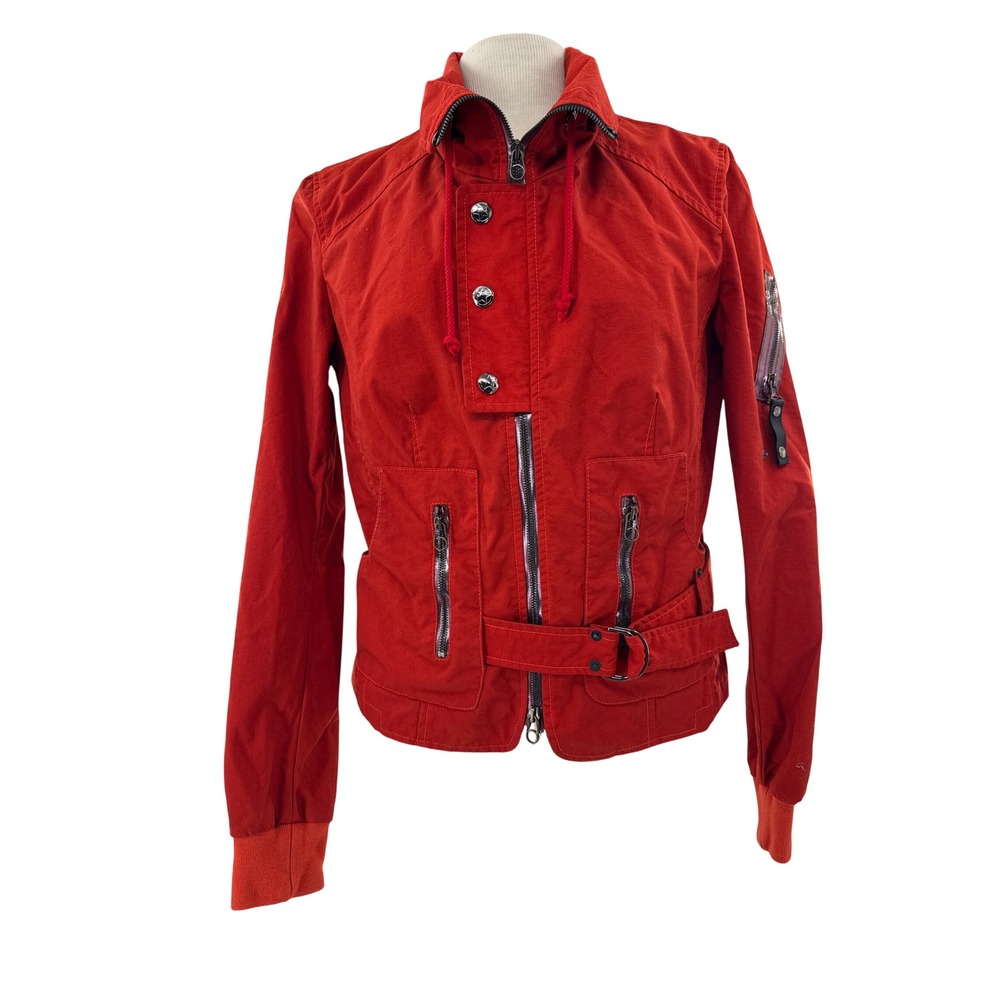 Jet Setter Designer Red Moto Jacket Buckle Belt Zip Pockets Hooded Medium 8